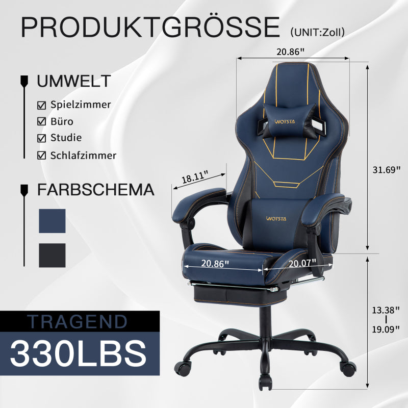 Gaming Stuhl Ergonomisch Gaming Chair Bürostuhl mit Fußstütze Racing Computerstuhl Höhenverstellbar Gepolstert Computerstuhl Lendenwirbelstütze Blau