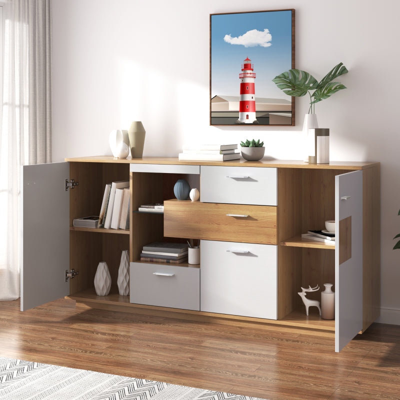Modernes Sideboard-Schrank mit viel Stauraum, mit LED-Beleuchtung, 160x40x77cm, 2 Türen, 4 Schubladen, Glasablage, Holzoptik, Weiß,Wohnzimmermöbel, Organizer, Kommode, Mehrzweckschrank.