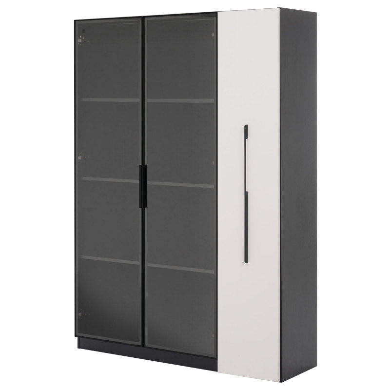 Multifunktionsschrank 110,5x35x160 cm, Schwarz-Weiß: Moderne Vitrine mit Glastür, LED, Seitenauszug, Rollschrank, ideal für Bücher, Bad, Esszimmer.