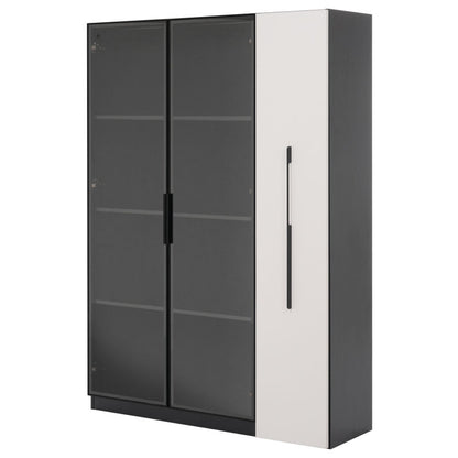 Multifunktionsschrank 110,5x35x160 cm, Schwarz-Weiß: Moderne Vitrine mit Glastür, LED, Seitenauszug, Rollschrank, ideal für Bücher, Bad, Esszimmer.