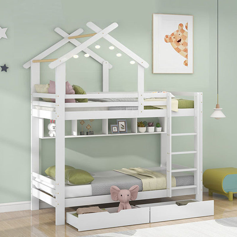 Etagenbett mit Schubladen und Regalen, Hausbett mit dreistufige rechtwinklige Leiter, Kinderbett mit Fallschutz und Gitter, Rahmen aus Kieferholz, Weiß (90x200cm)