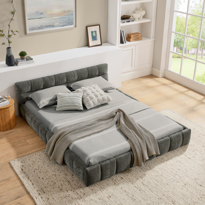 Doppelbett 140*200 cm, Bett mit seidig weichem Chenille - Bezug, quadratischem Steppdesign, Dark Gray (ohne Matratze)