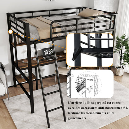 Eisenbett, Etagenbett,  Geeignet für Kinder und Heranwachsende, Mit Tisch und Kleiderschrank, Reichlich Ablagefächer, Mit 4-stufiger Leiter, Eisen+Spanplatte, Schwarz