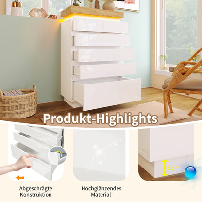 Kommode, Hochglanz Sideboard mit 6 Schubladen, LED Beleuchtung (App Control), Mehrzweckschrank für Wohnzimmer und Schlafzimmer, 115 x 73 x 39 cm, Weiß