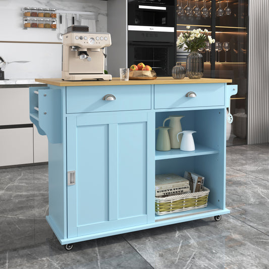 Esswagen/Anrichte, 112x40(70)x94 cm, Blau, Klappbare Massivholzoptik-Arbeitsplatte, mit Ablagetür, Rollen & Auswechselbaren Massivholzfüßen, für Küche & Esszimmer