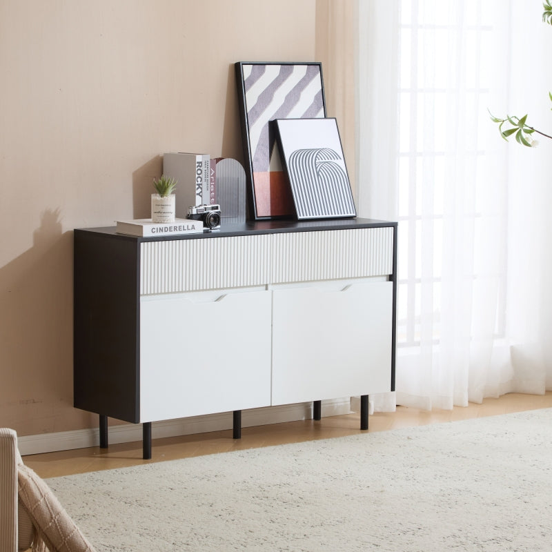 Aufbewahrungsschrank 120cm mit geriffelten Schubladen, schwarz-weißes Design, verstellbare Einlegeböden, 2 Türen, Sideboard-Buffet, Schrank-Organisator für Küche, Wohnzimmer, Esszimmer