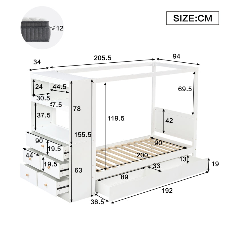 Einzelbett, Kinderbett mit Fallschutz und Gitter,  Holzbett mit Stauraum, Weiß+Natur,  90x200cm