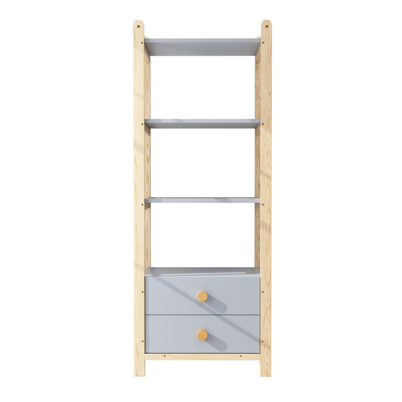 Standregal, 2 Schubladen, 4 Ebenen Bücherregal, Kieferrahmen, Vollholzgriffen, für Wohnzimmer, Schlafzimmer, Bücherzimmer, blau+natürliches Holz