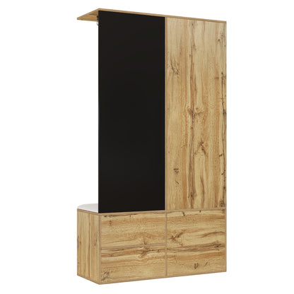 Elegantes Kleiderschrank Set in Schwarz und Holzfarbe mit Spiegel, Schuhschrank, Schuhbank mit Haken und ausziehbaren Kleiderbügeln.