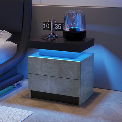 Nightstand LED Bedside Table Cabinet Lights Modern End Side with 2 Drawers for Bedroom (Gray)