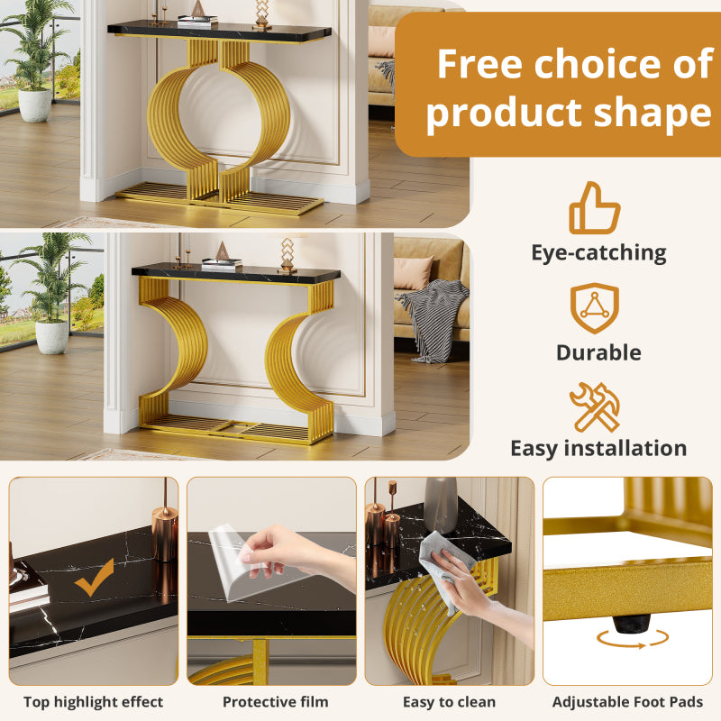100*35*80cm moderner, schlichter schwarzer Hochglanz-Couchtisch, kleiner Beistelltisch fürs Wohnzimmer, Konsolentisch, goldener Sockel kann auf zwei Arten installiert werden