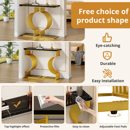 100*35*80cm moderner, schlichter schwarzer Hochglanz-Couchtisch, kleiner Beistelltisch fürs Wohnzimmer, Konsolentisch, goldener Sockel kann auf zwei Arten installiert werden
