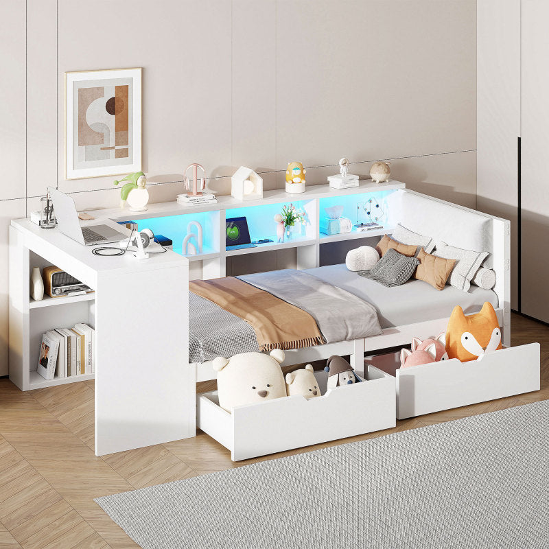 90x200 Holz-Plattformbett mit Ablageflächen, Schubladen, Ladestation und gepolstertem Kopfteil, Mit bunten LED-Leuchten, Weiß