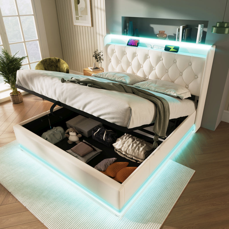 Polsterbett Doppelbett, 360-Surround-LED-Funktion, Drucktaste/App/Fernbedienung, 160*200 cm, weiß PU-Material Hydraulisches Lagerbett, gepolstertes Kopfteil mit USB Typ-C Ladefunktion (Mit Matratze)