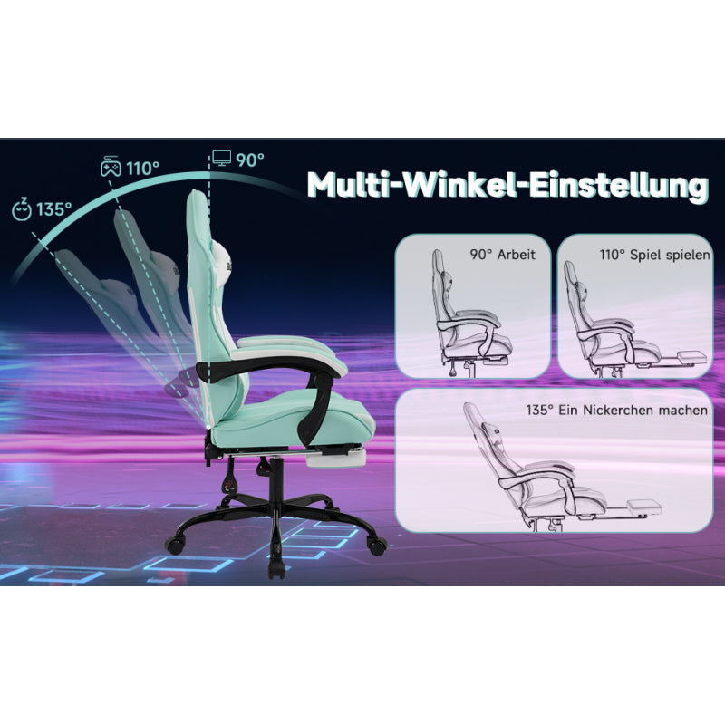 Gaming Stuhl Computerstuhl Ergonomischer Gaming Chair mit Fußstütze Bürostuhl Ergonomischer Computerstuhl mit Lendenwirbelstütze, Mintgrün