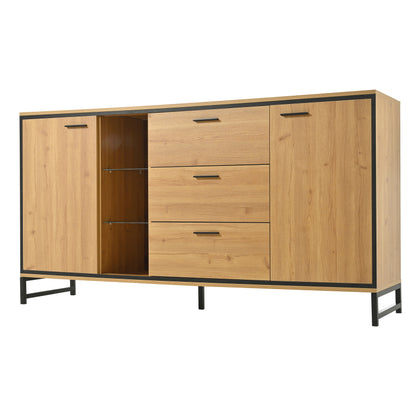 Sideboard mit drei Schubladen, exquisite Maserung. Modernes Sideboard in Holzfarbe mit Ablagefächern – stilvolle und funktionale Wohnmöbel. Schwarz und Holzfarbe.