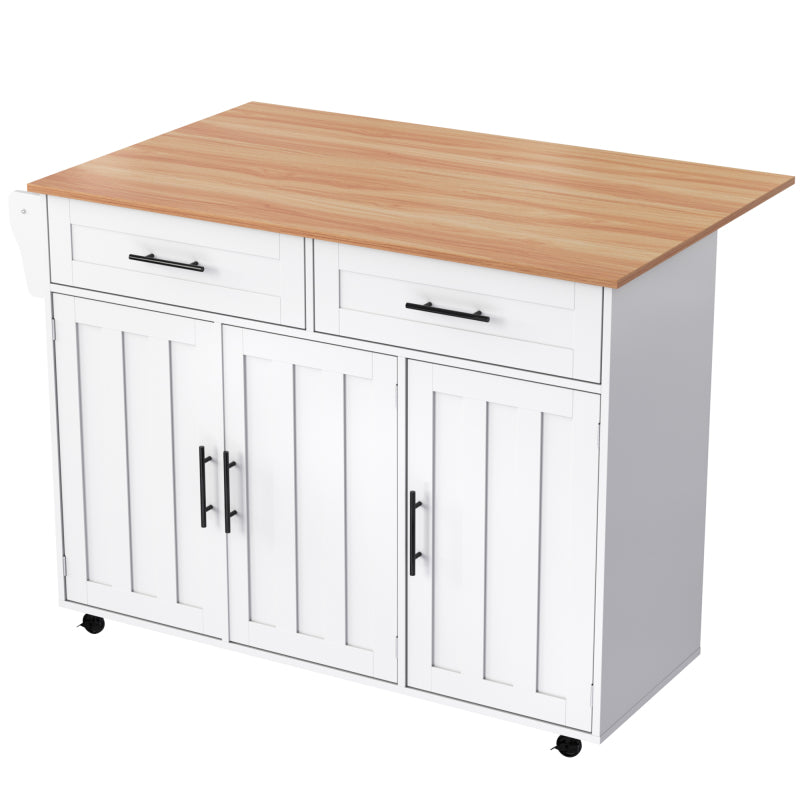129x46(71)x91,5 cm großer Speisewagen/Sideboard, Arbeitsplatte mit Massivholzmaserung + Weiß Schrank/faltbare Arbeitsplatte/Aufbewahrungstür-Design/Räder/Massivholzfüße umschaltbar/für Zuhause geeig