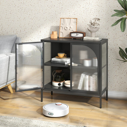 Metallseitenbrett-Schrank, Akzent-Speicherschrank mit 2 Glasklappen, Moderner Kaffebar-Schrank mit Einstellbaren Regalen für Küche, Wohnzimmer und Flur, eisenhaltig, H80cm×B80cm×T35cm