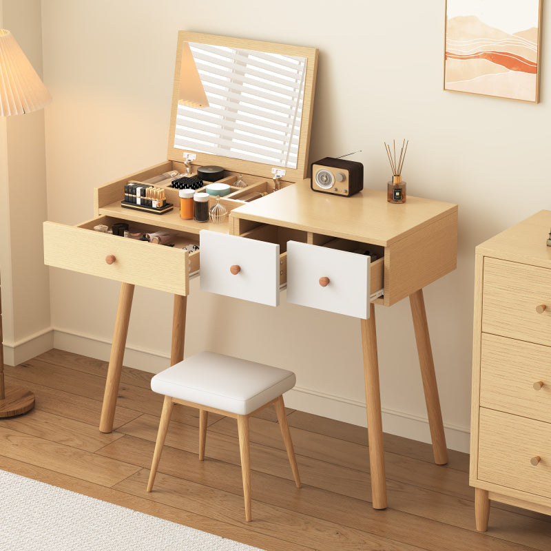 Schminktisch, Kosmetiktisch Mit Spiegel, Schminktisch aus Holz Mit Schubladen, geteilter Stauraum, große Lagerkapazität - Maße:B100/H78/T40 cm(ohne Hocker)(OLD SKU: WF319875AAW)