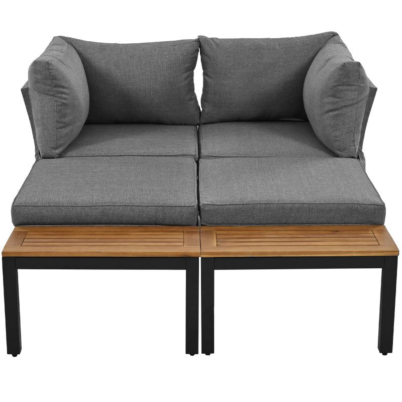 Garten-Lounge-Set (2 Zweisitzer, 2 Beistelltische, 1 Tisch), Tischplatte aus massiver Akazie, Stoffbezug für Rückenlehne, grau(previous sku:HW00005AAE)