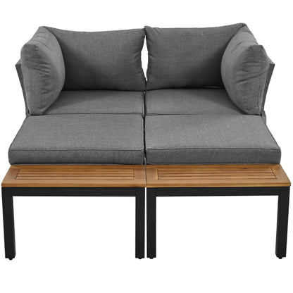 Garten-Lounge-Set (2 Zweisitzer, 2 Beistelltische, 1 Tisch), Tischplatte aus massiver Akazie, Stoffbezug für Rückenlehne, grau(previous sku:HW00005AAE)