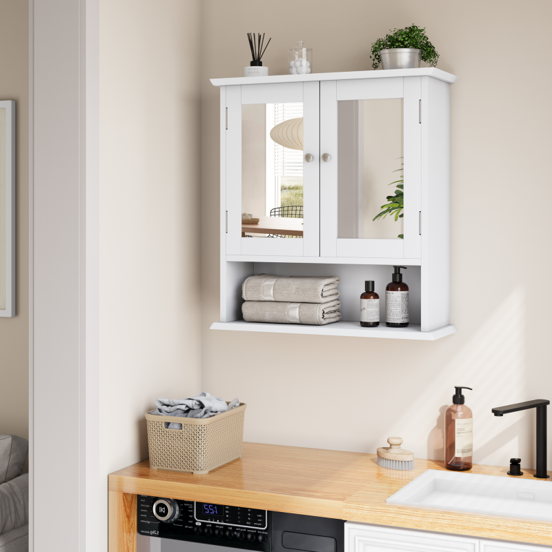 Badezimmerschrank mit Spiegel, weißer Arzneischrank mit verstellbarem Regal, Toilettenschrank in Waschküche und Küche