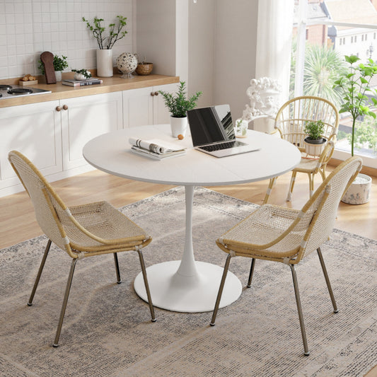 47.24"Modern Round Dining Table,Four Patchwork Tabletops with White Color Solid Wood Grain Table Top,Metal Base Dining Table, End Table Leisure Coffee Table