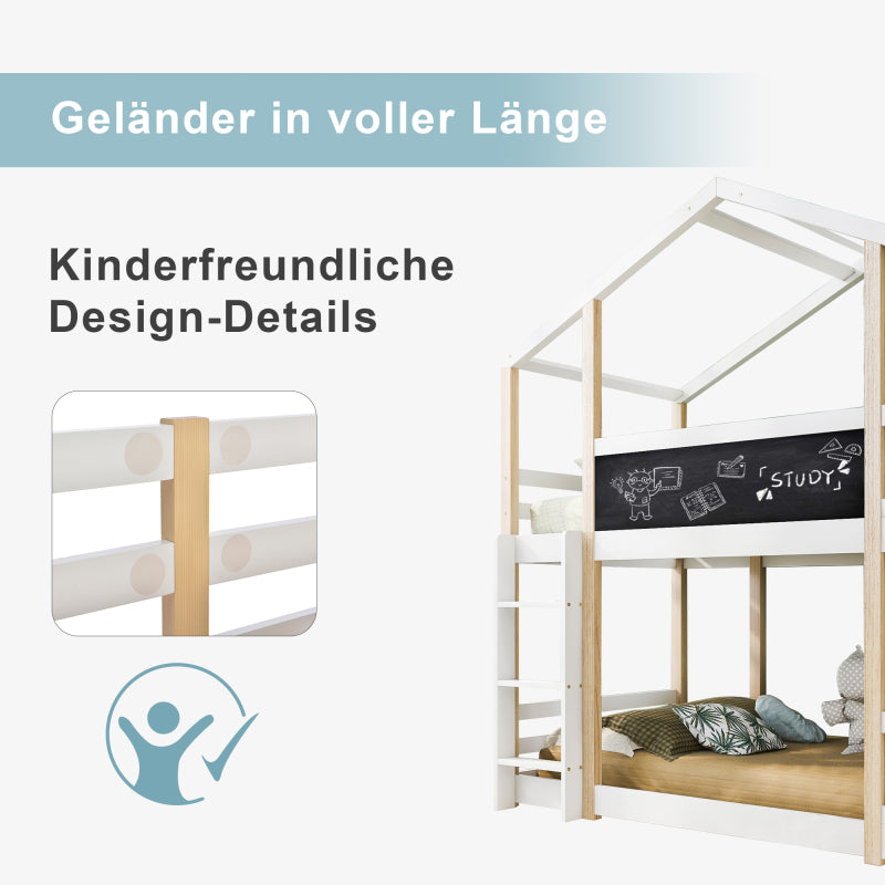 Kinderbett Baumhaus mit Rutsche & Leiter 90 x 200 cm, Hochbett für Kinder– 2x Lattenrost- Natur & Weiß