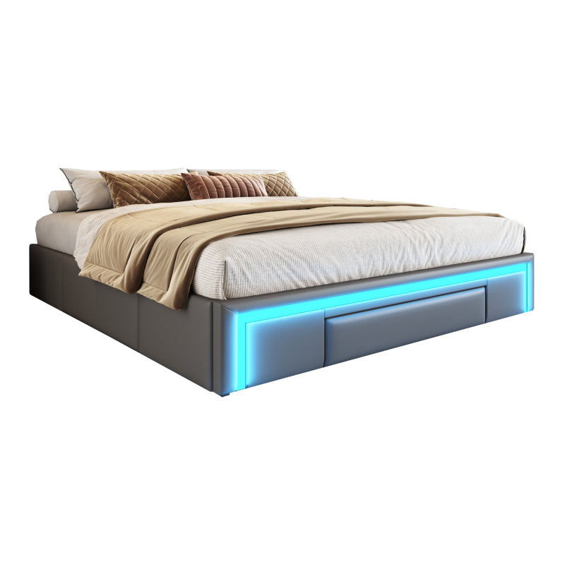 Bettgestell 180X200 mit Schubladen, PU-Leder Bett ohne Kopfteil Mit LED-Lichtleiste, MetalllattenPlattformbett für moderne Schlafzimmer Grau