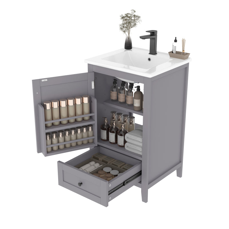 51x46x85cm Bodenstehender Badezimmerschrank mit Waschbe, Waschtisch,komplett lackiert, Türablage, geräuschlose Schublade mit großem Fassungsvermögen, verstellbares Regal, Keramikwaschbecken, Grau