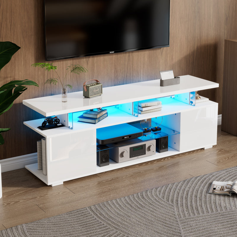 Moderner Low-Panel-Hochglanz-TV-Ständer mit LED-Beleuchtung, TV-Panel, TV-Glasschrank für 60-Zoll-Fernseher, Tische, universelle Gaming-Medienständer, Stauschränke und große Stauräume, Reinweiß