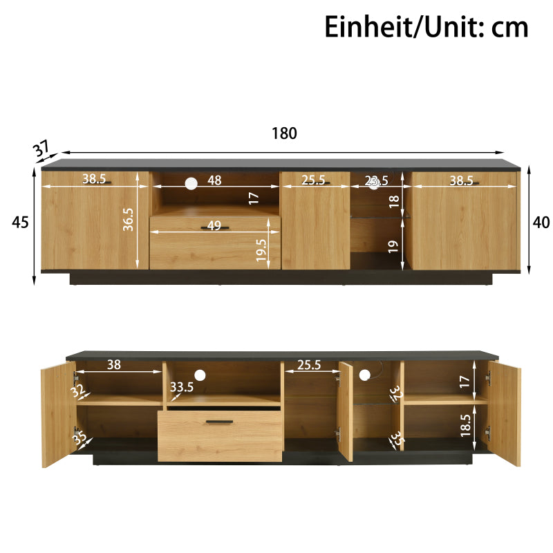 TV-Schrank mit einer Schublade, drei Türen, zwei offene Fächer mit Glas TV-Möbel, TV-Board, TV-Lowboard Feinstruktur. Schwarze und natürliche Holzfarben. 15 variable LED-Leuchten.