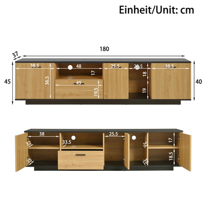 TV-Schrank mit einer Schublade, drei Türen, zwei offene Fächer mit Glas TV-Möbel, TV-Board, TV-Lowboard Feinstruktur. Schwarze und natürliche Holzfarben. 15 variable LED-Leuchten.