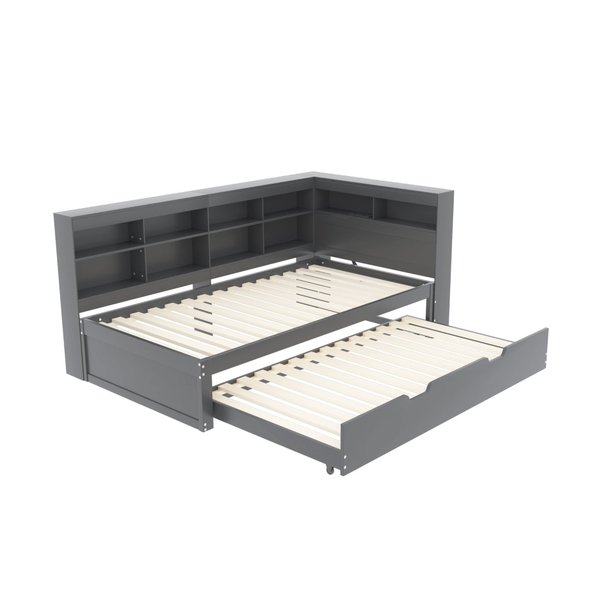 Multifunktions-Schlafsofa 90x200 & 90x190 Ausziehbar - Massivholz Grau mit USB-Anschluss, Stauraum & Ablagefächern - Praktisches Einzelbett, Grau