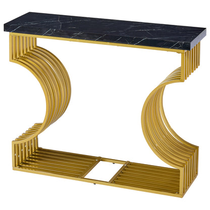 100*35*80cm moderner, schlichter schwarzer Hochglanz-Couchtisch, kleiner Beistelltisch fürs Wohnzimmer, Konsolentisch, goldener Sockel kann auf zwei Arten installiert werden
