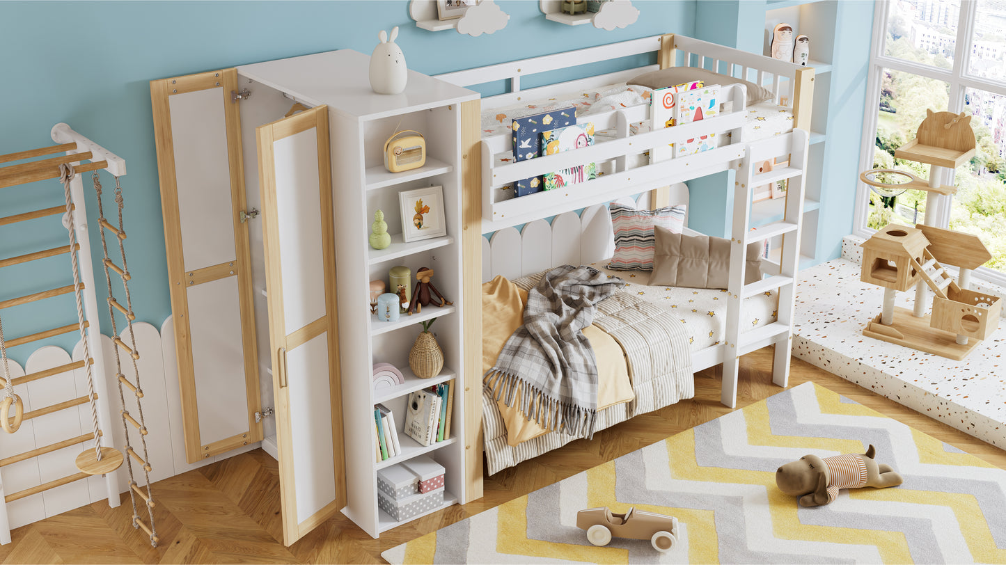 Etagenbett, Kinderbett mit Fallschutz und Gitter, mit 4-stufiger Leiter, 6 offenen Regalen, Kleiderschrank seitlich, Reichlich Stauraum,  Kiefer+PB, Weiß+Natur,  90x200cm