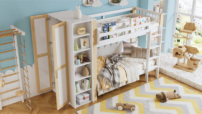 Etagenbett, Kinderbett mit Fallschutz und Gitter, mit 4-stufiger Leiter, 6 offenen Regalen, Kleiderschrank seitlich, Reichlich Stauraum,  Kiefer+PB, Weiß+Natur,  90x200cm