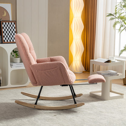 Neuer moderner Schaukelstuhl mit Polsterung und Teddystoff, mit ausziehbarer Fußstütze, Rosa