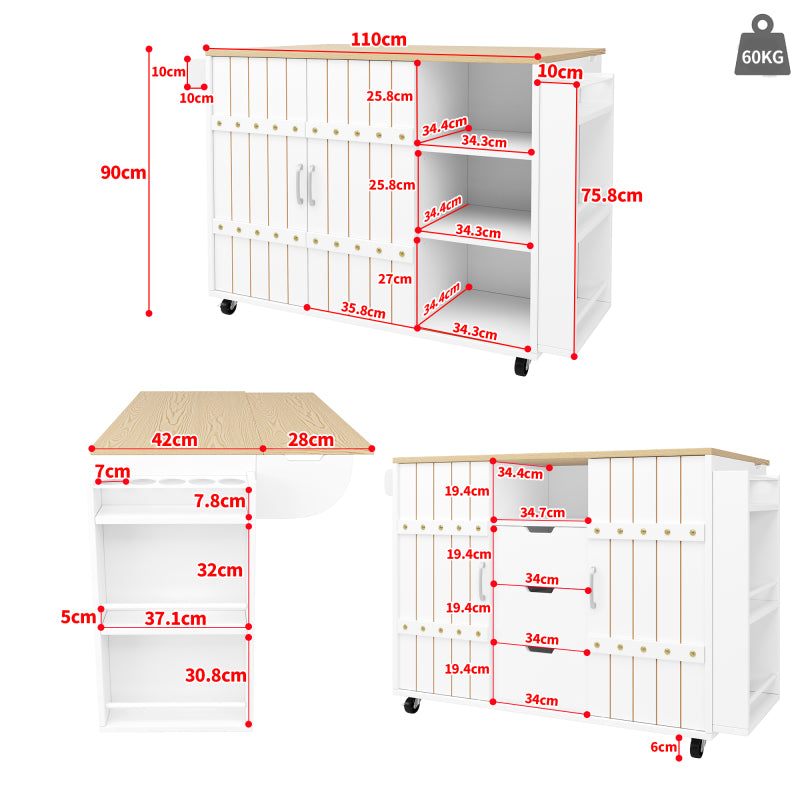 Küchenschrank, Servierwagen mit Holzmaserung, Küchenwagen mit rollen und arbeitsplatte, Küchenwagen mit Gewürzregal und Handtuchhalter, Kücheninsel mit Schiebetüren und Schubladen, weiß