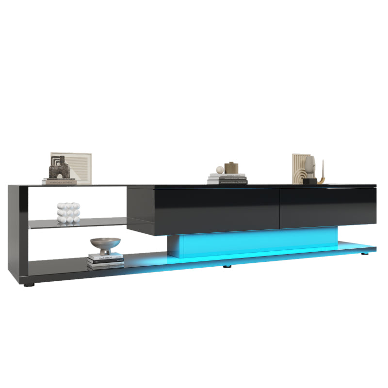 TV-Schränke, Lowboards, Hochglanz-Wohnzimmermöbel. Glastrennwände und variable LED-Beleuchtung. Es verbindet natürlichen, rustikalen Stil mit modernem Design.