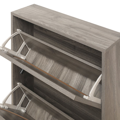 Schuhschrank mit zwei Türen, austauschbaren halbrunden Türfronten und Rattan-Oberfläche, geeignet für den Eingangsbereich und andere Szenen, Retro-grauer