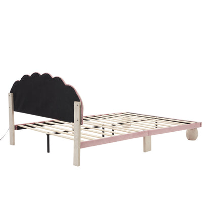 Polsterbett mit mehrfarbigen, wechselnden Lichtstreifen, Kopfteil mit Wellenschliff, mit gepolsterter runden Beine, Kinderbett, Jugendbett mit Holzlatten, Doppelbett, Samt, Beige+Rosa, 140x200cm