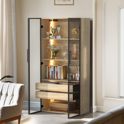 Badezimmerschrank, mittel, mit Lichtleiste, 73 cm breit, mit 2 großen Schubladen und 2 Türen, Glastür