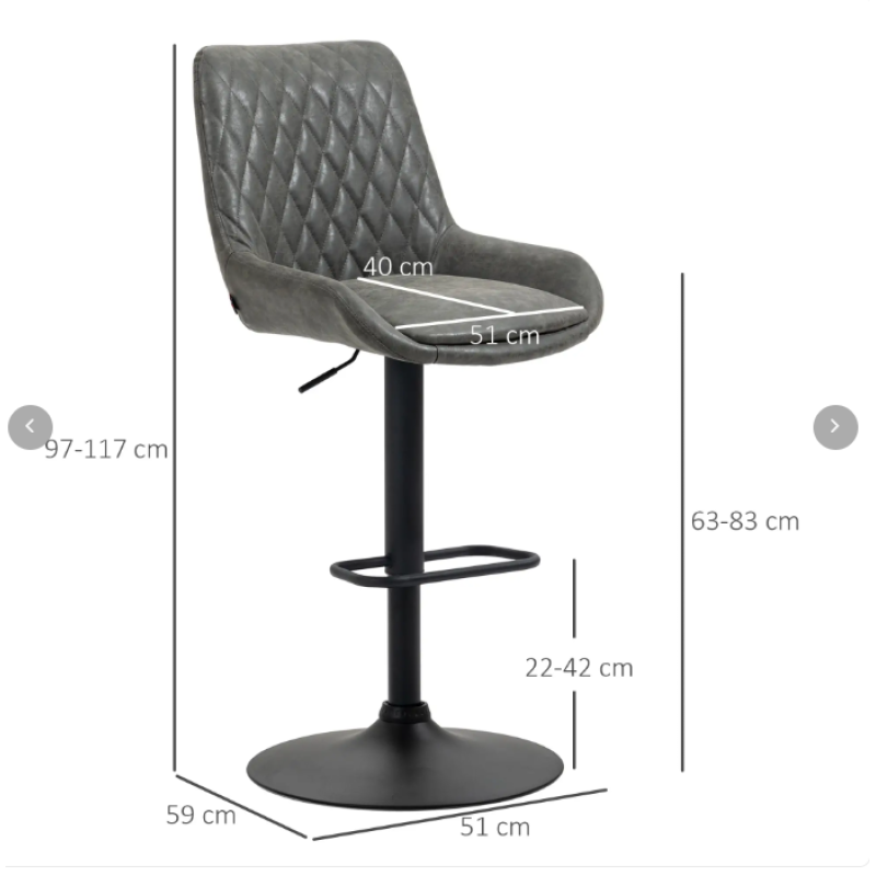 2er-Set Barhocker höhenverstellbar mit Rückenlehne, Küchenhocker Kunstleder Dunkelgrau für Bar und Küche
