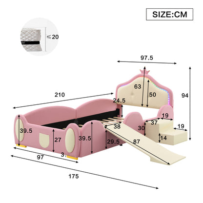 Polsterbett, Crown Cartoon Bett, Mit Multi-Mode-LED-Streifen, Kinderbett mit kleiner Rutsche und Treppe, mit schützenden weichen Kanten, mit Holzlatten, PU, Rosa + Beige, 90x200cm