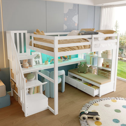140x200 Hochbett mit Schreibtisch und Regalen, zwei integrierten Schubladen, Stauraumtreppe, weiß