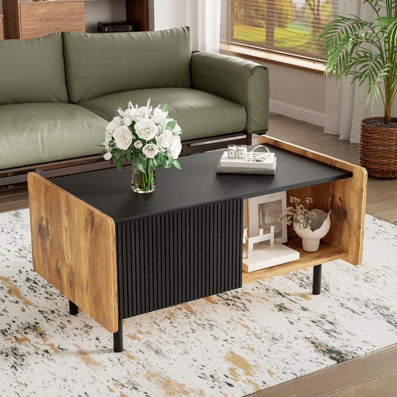 90 cm Schwarze und Holzfarbene Couchtisch – Moderner Stil, Zwei Offene Fächer und Zwei Türen, Dämpfende Scharniere