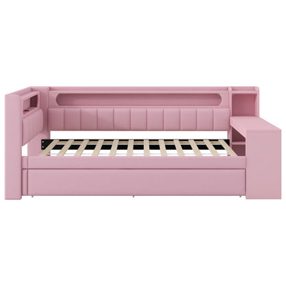 Gepolstertes 90x200 Tagesbett mit USB-Anschlüssen und LED-Gürtel, mit Ausziehbett und Schreibtisch, Rosa