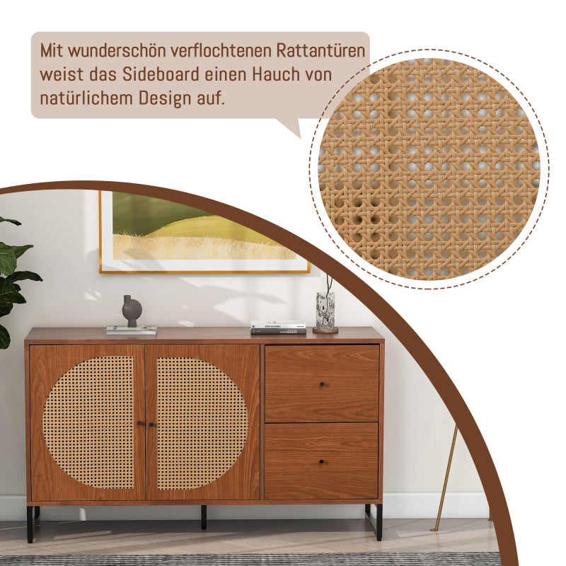 Sideboard mit 2 Rattan verzierten Türen und 2 Schubladen Kommode Küchenschrank, Mehrzweckschrank, Highboard mit Metallgriffe, für Schlafzimmer & Wohnräume & Büro