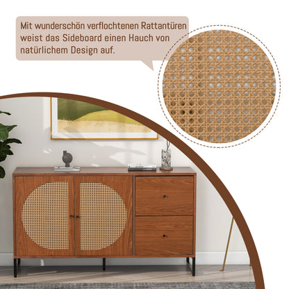 Sideboard mit 2 Rattan verzierten Türen und 2 Schubladen Kommode Küchenschrank, Mehrzweckschrank, Highboard mit Metallgriffe, für Schlafzimmer & Wohnräume & Büro